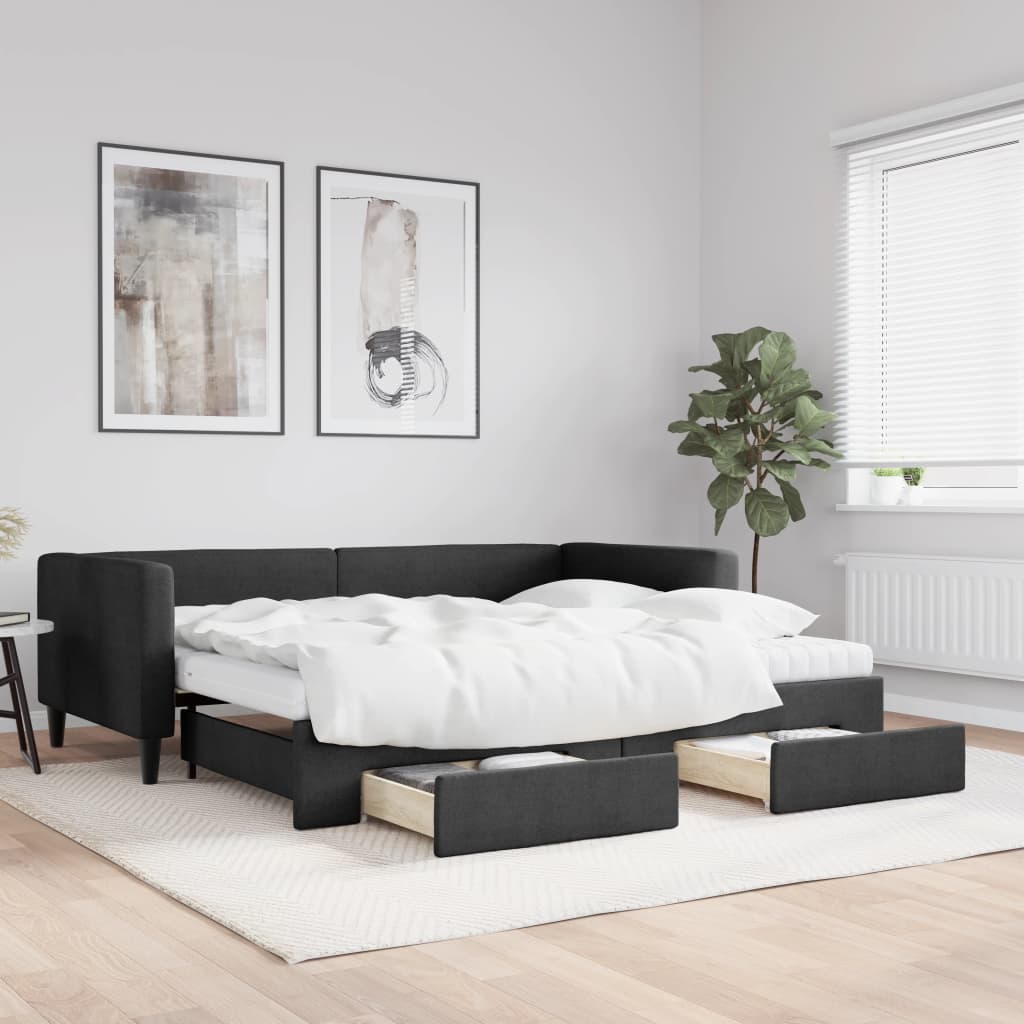 Dnevni krevet na razvlačenje s ladicama crni 90x200 cm tkanina