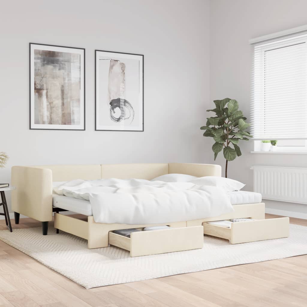 Dnevni krevet na razvlačenje s ladicama krem 90x200 cm tkanina