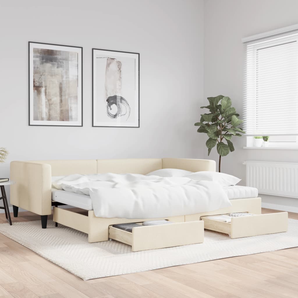 Dnevni krevet na razvlačenje s ladicama krem 100x200 cm tkanina