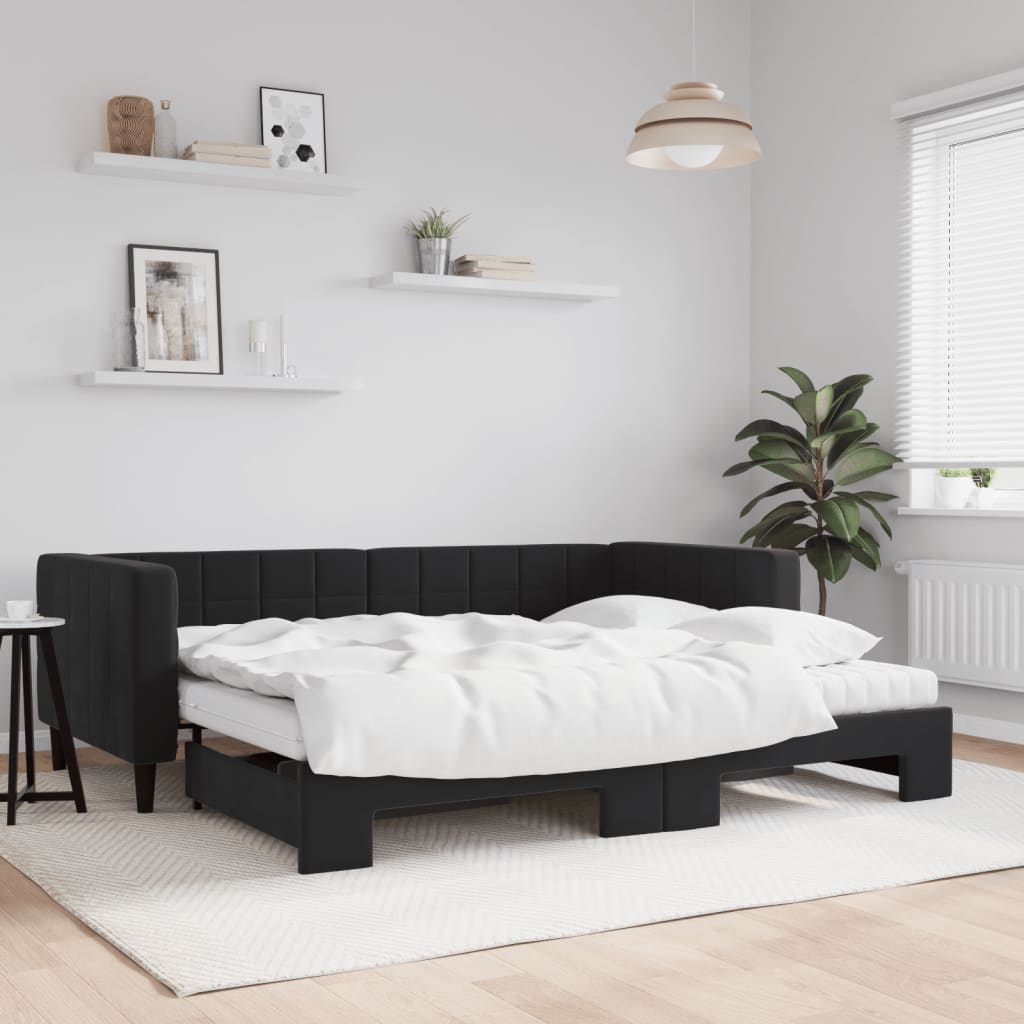 Dnevni krevet na razvlačenje s madracima crni 90x190 cm baršun