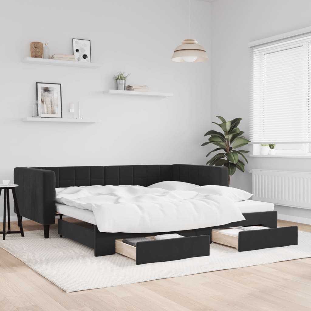Dnevni krevet na razvlačenje s ladicama crni 90 x 190 cm baršun
