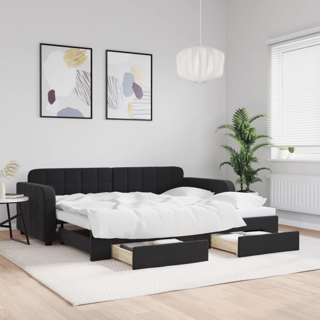 Dnevni krevet na razvlačenje s ladicama crni 90 x 190 cm baršun