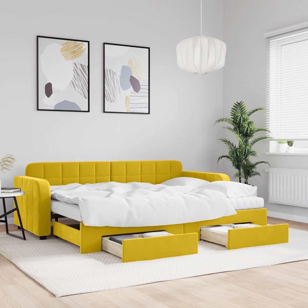 Dnevni krevet na razvlačenje s ladicama žuti 80 x 200 cm baršun