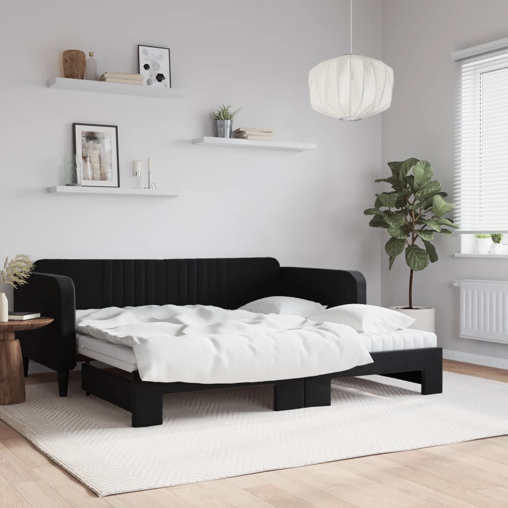Dnevni krevet na razvlačenje s madracima crni 90x190 cm baršun