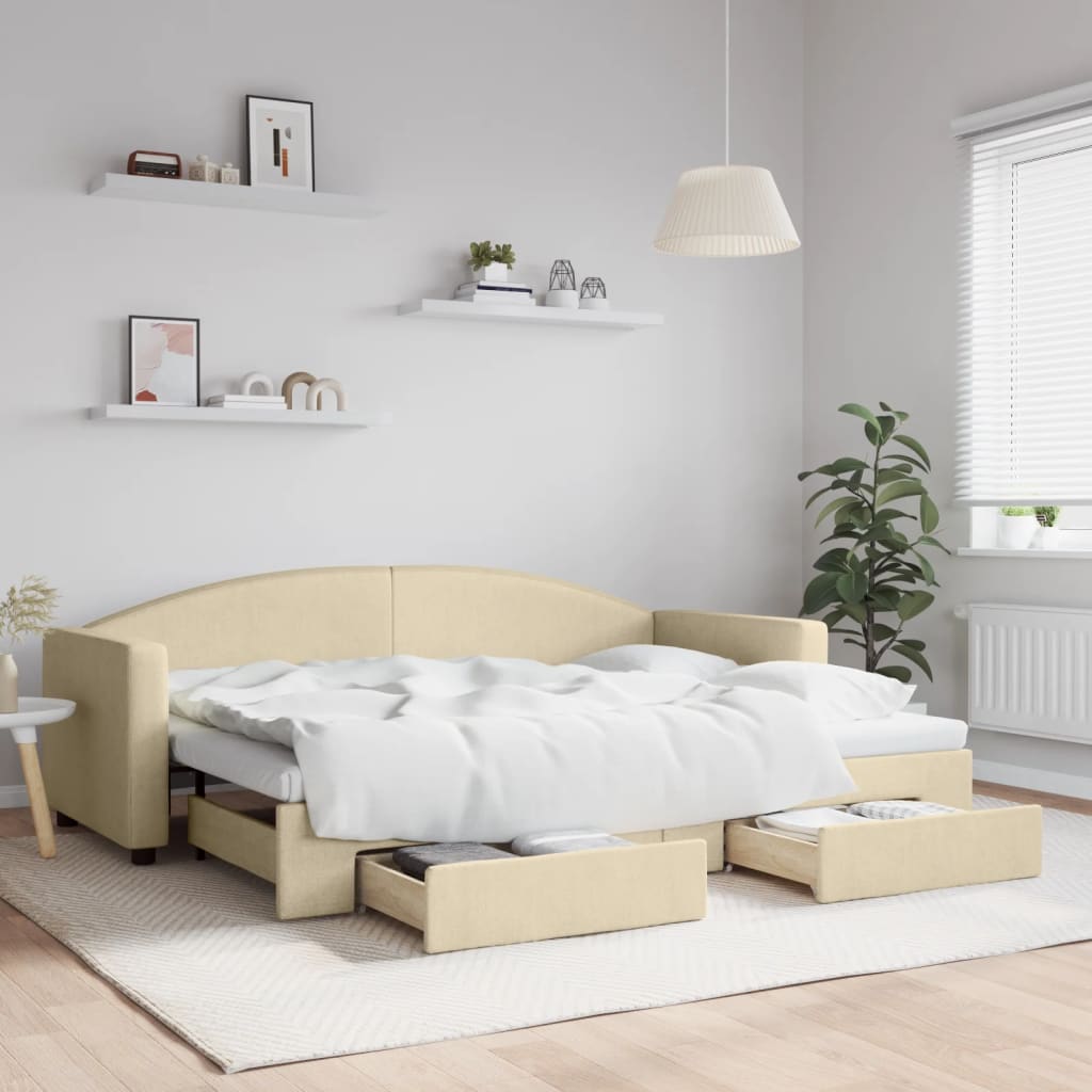 Dnevni krevet na razvlačenje s ladicama krem 80x200 cm tkanina