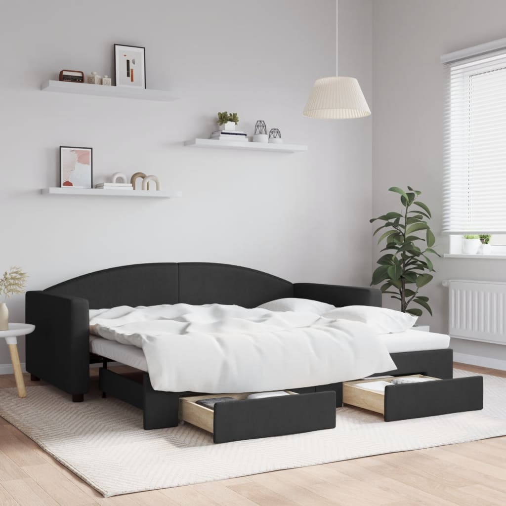 Dnevni krevet na razvlačenje s ladicama crni 90x190 cm tkanina