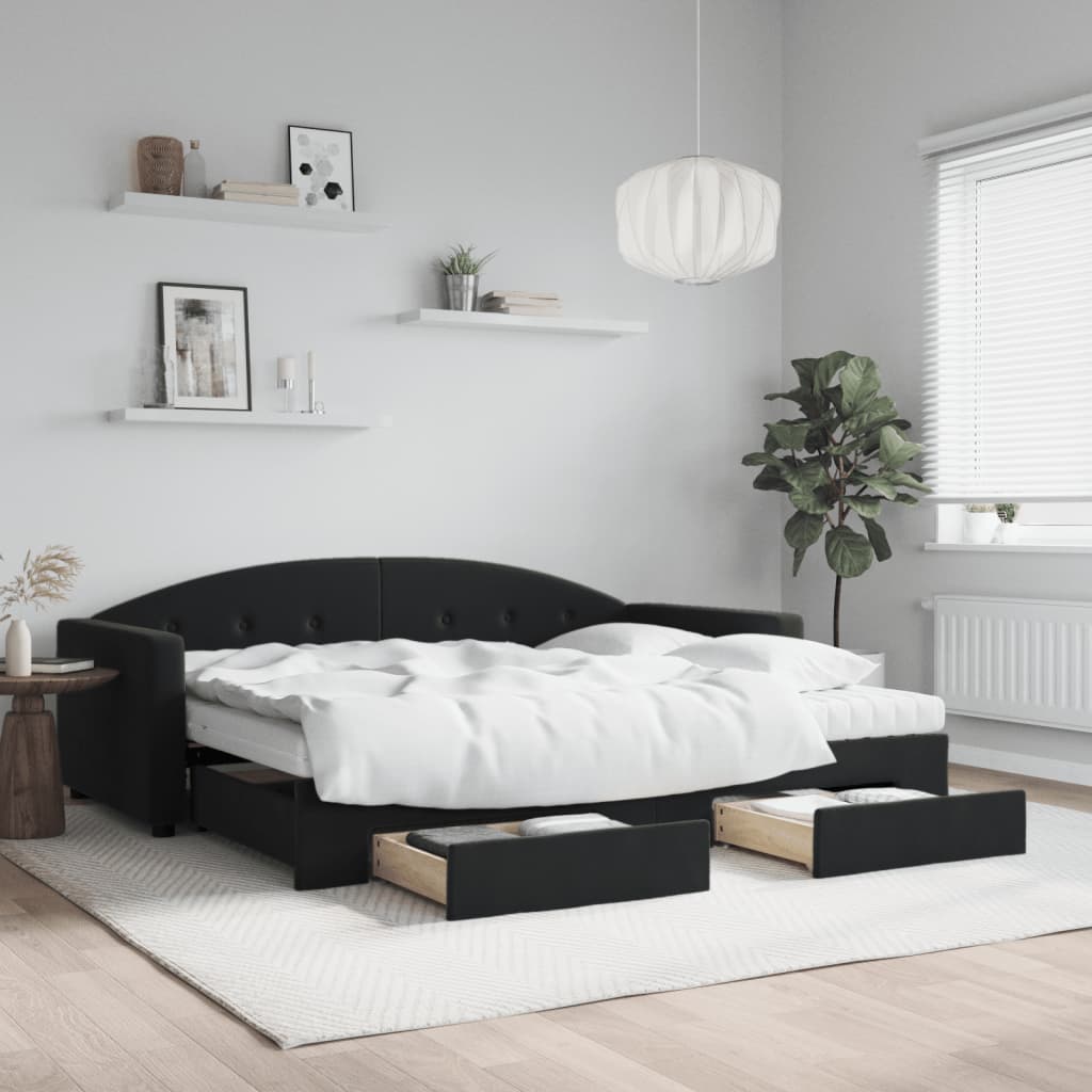 Dnevni krevet na razvlačenje s ladicama crni 90 x 190 cm baršun