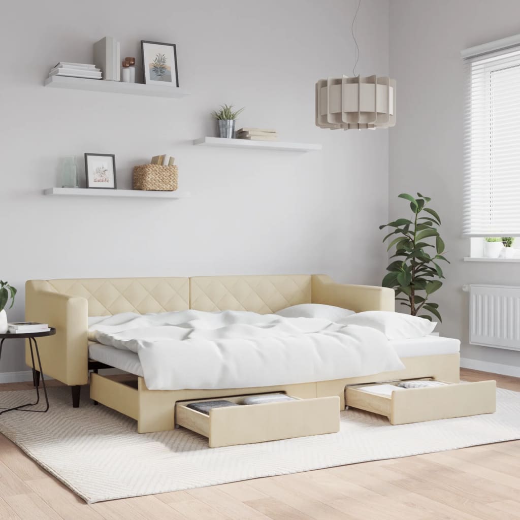 Dnevni krevet na razvlačenje s ladicama krem 80x200 cm tkanina