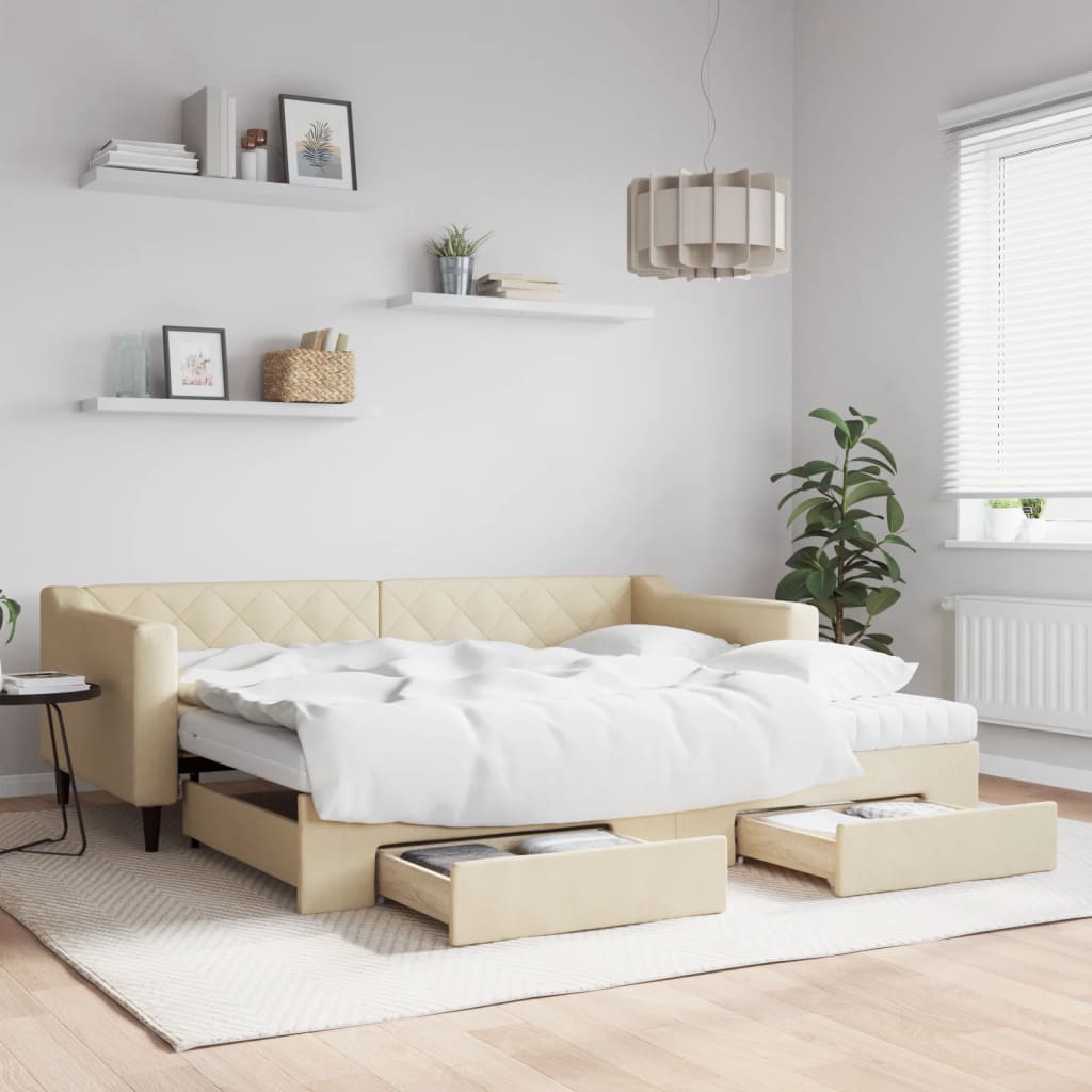 Dnevni krevet na razvlačenje s ladicama krem 90x200 cm tkanina