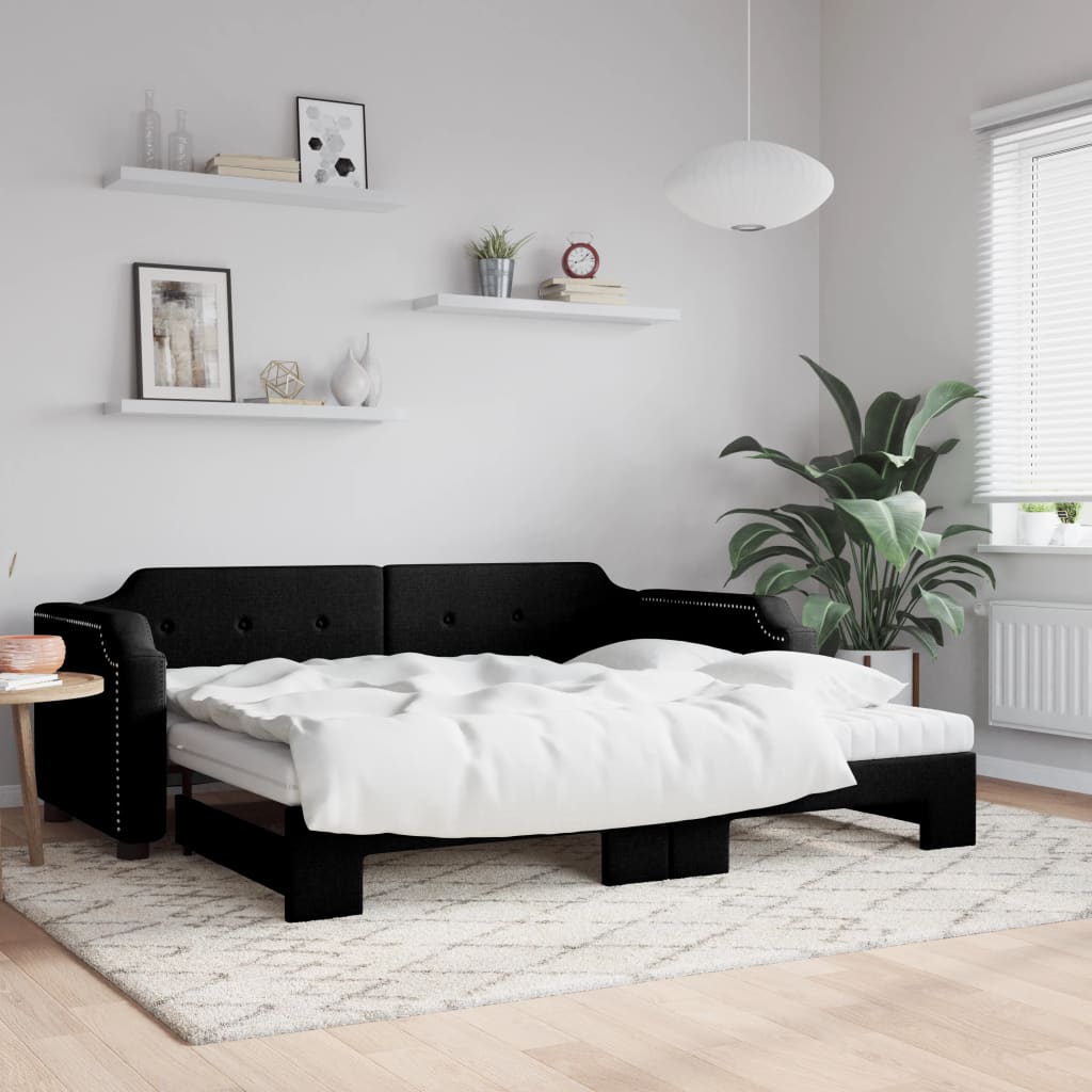 Dnevni krevet na razvlačenje s madracima crni 90x200 cm tkanina