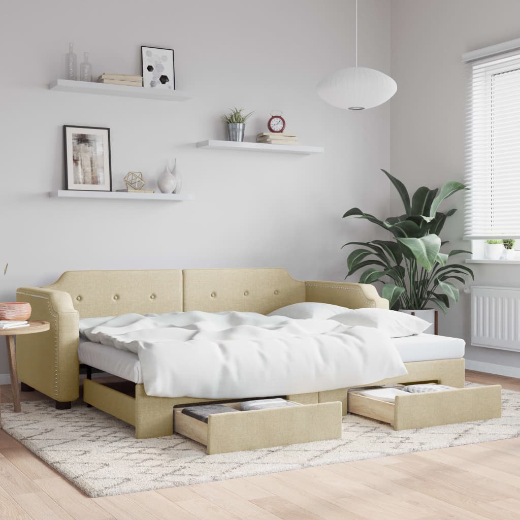 Dnevni krevet na razvlačenje s ladicama krem 80x200 cm tkanina