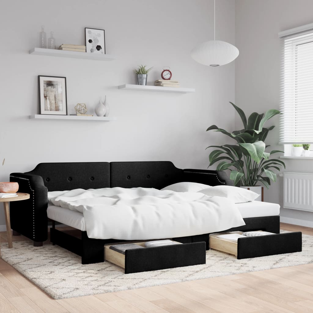 Dnevni krevet na razvlačenje s ladicama crni 90x200 cm tkanina