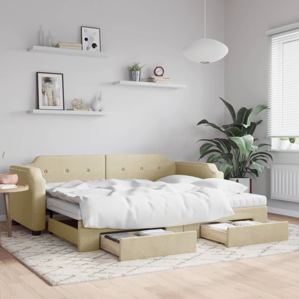 Dnevni krevet na razvlačenje s ladicama krem 80x200 cm tkanina