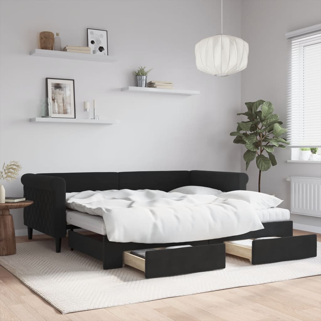 Dnevni krevet na razvlačenje s ladicama crni 90 x 190 cm baršun