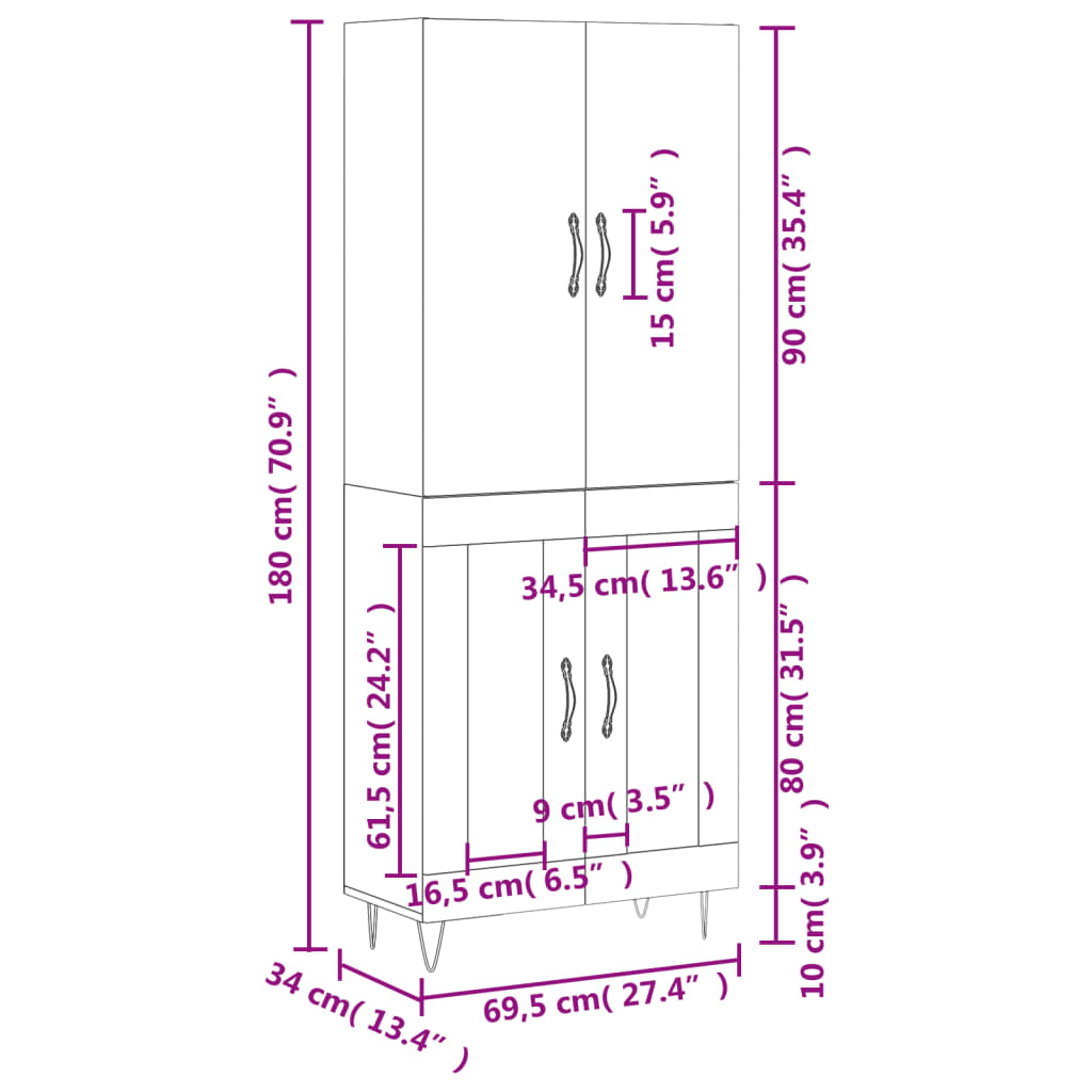 Visoka komoda siva betona 69,5x34x180 cm od konstruiranog drva