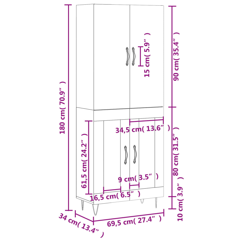 Visoka komoda siva betona 69,5x34x180 cm od konstruiranog drva