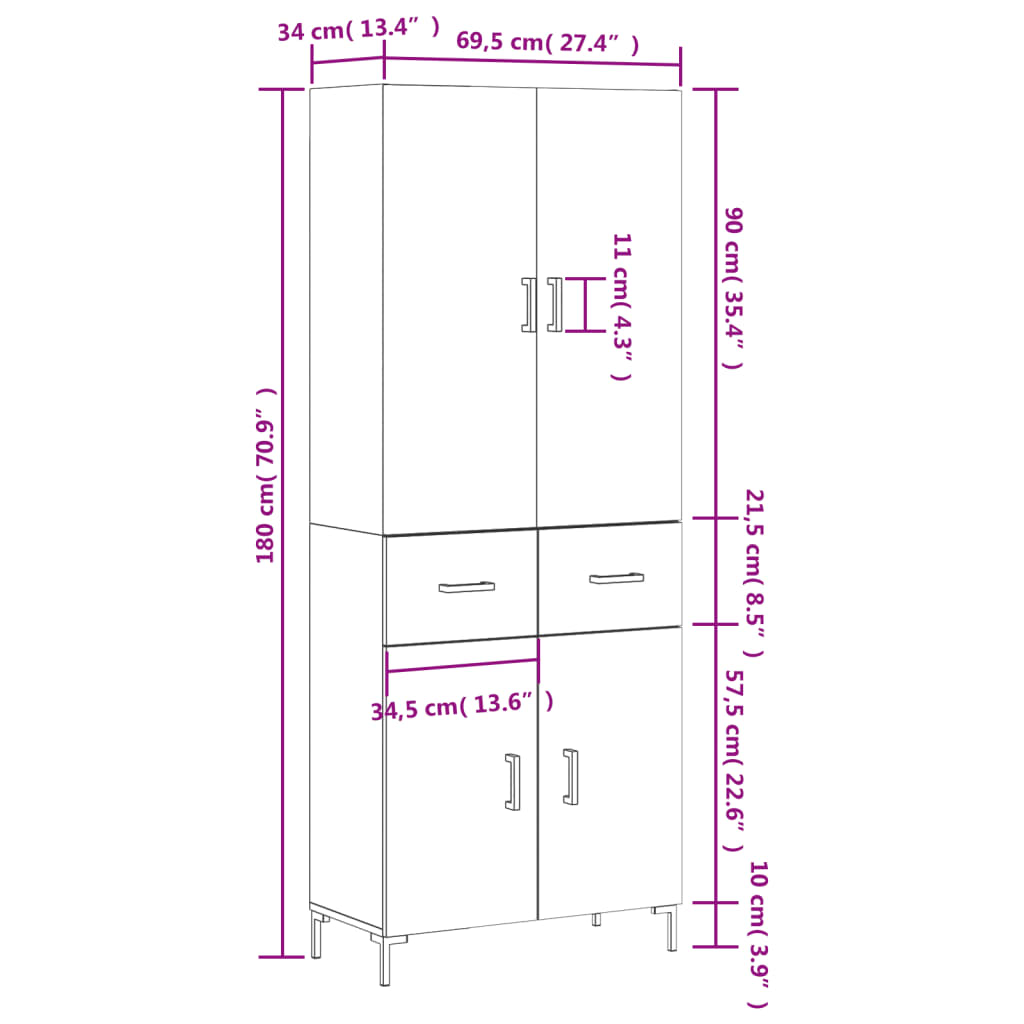 Visoka komoda hrasta sonome 69,5x34x180cm od konstruiranog drva