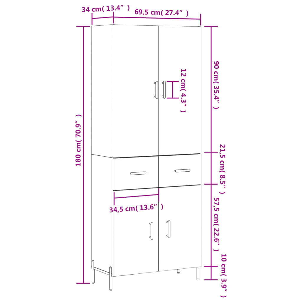 Visoka komoda siva sonome 69,5x34x180 cm od konstruiranog drva