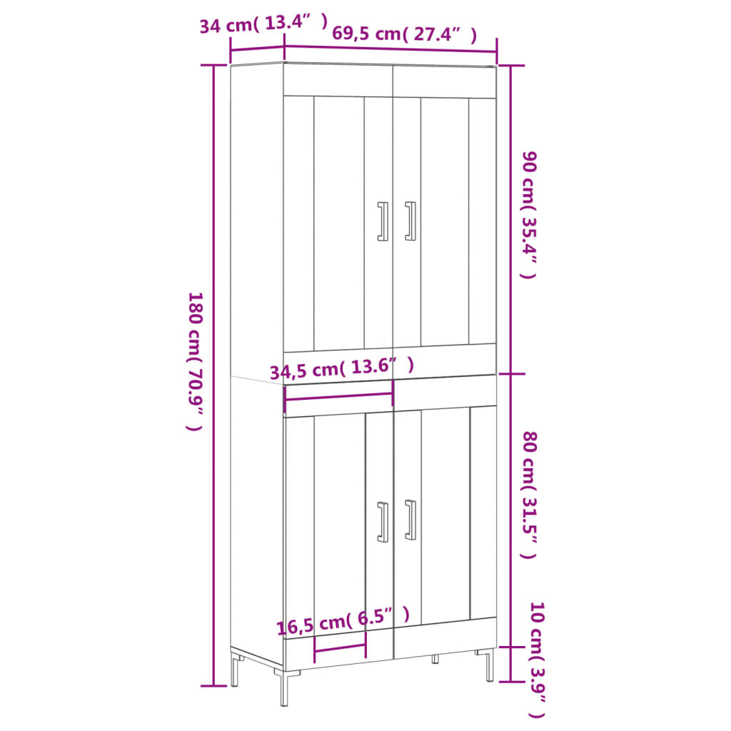 Visoka komoda siva betona 69,5x34x180 cm od konstruiranog drva