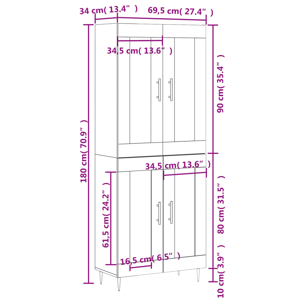 Visoka komoda siva betona 69,5x34x180 cm od konstruiranog drva