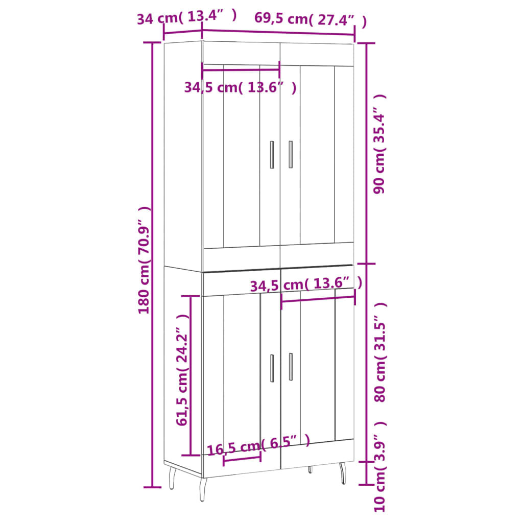 Visoka komoda hrasta sonome 69,5x34x180cm od konstruiranog drva