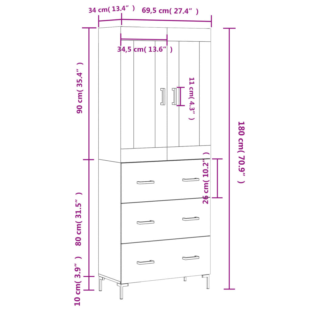 Visoka komoda siva sonome 69,5x34x180 cm od konstruiranog drva