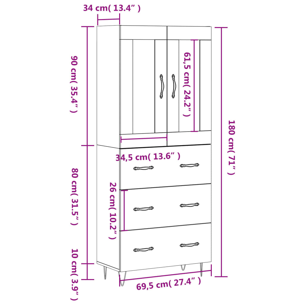 Visoka komoda siva sonome 69,5x34x180 cm od konstruiranog drva