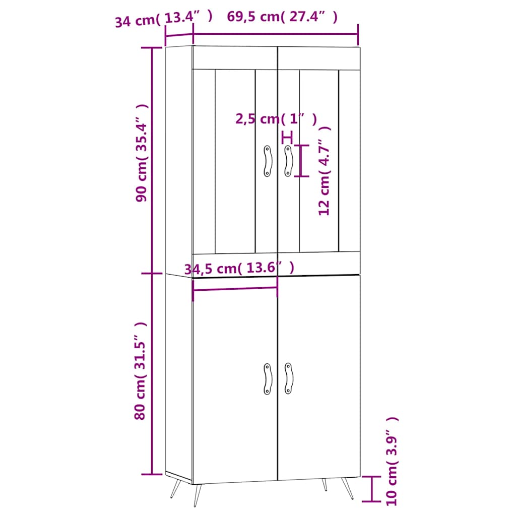 Visoka komoda siva betona 69,5x34x180 cm od konstruiranog drva