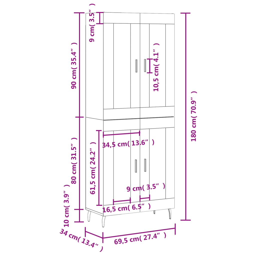 Visoka komoda siva betona 69,5x34x180 cm od konstruiranog drva