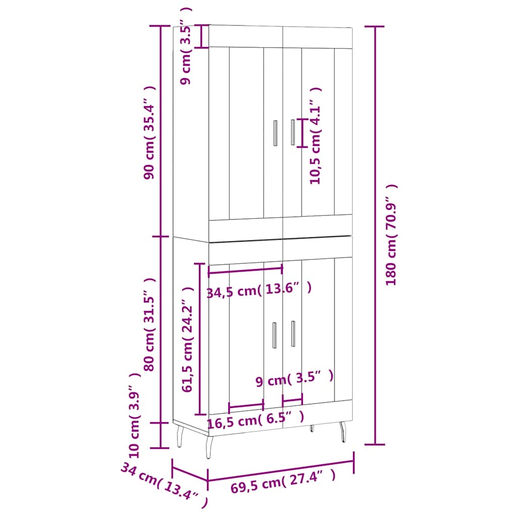Visoka komoda siva sonome 69,5x34x180 cm od konstruiranog drva