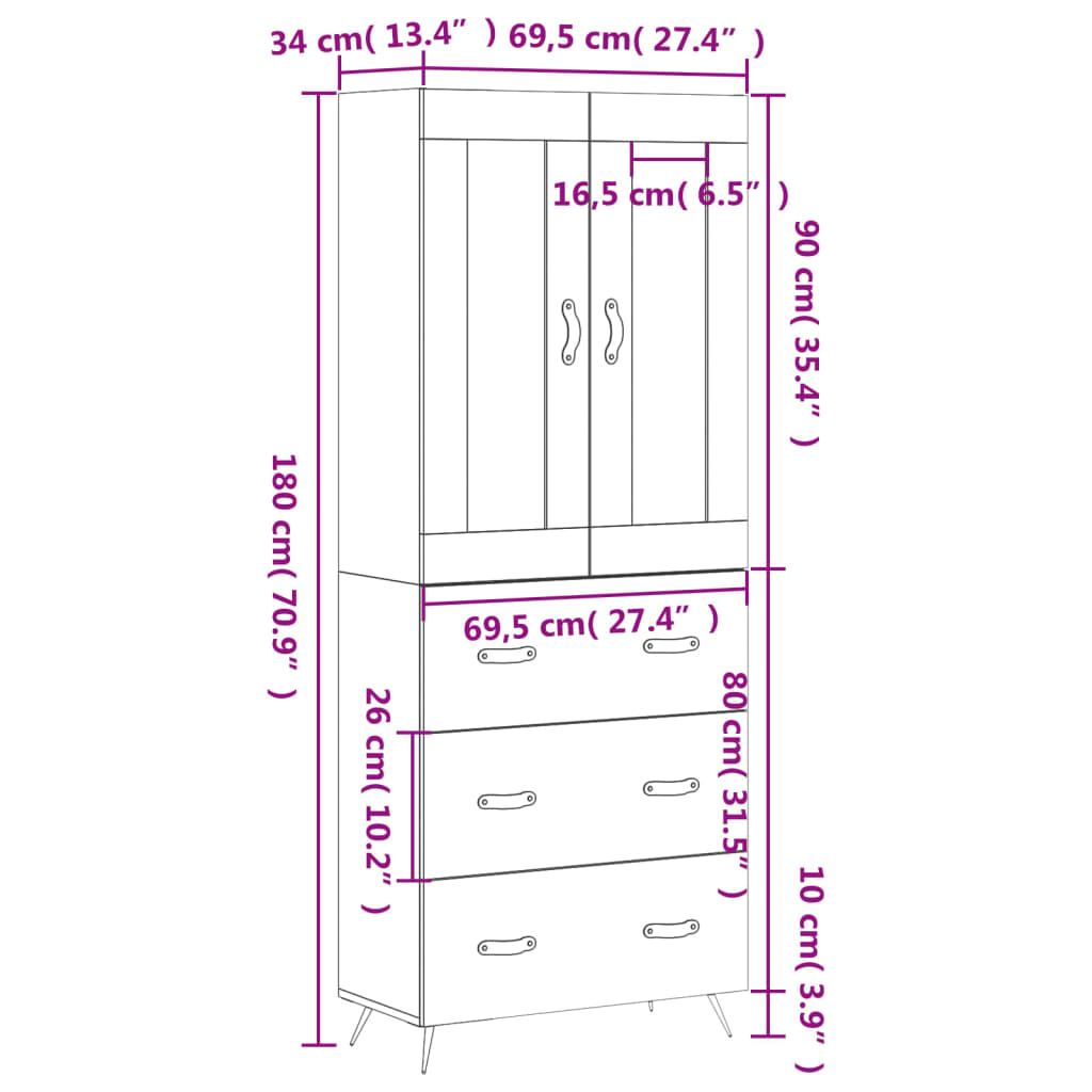 Visoka komoda dimljeni hrast 69,5x34x180 cm konstruiranog drva