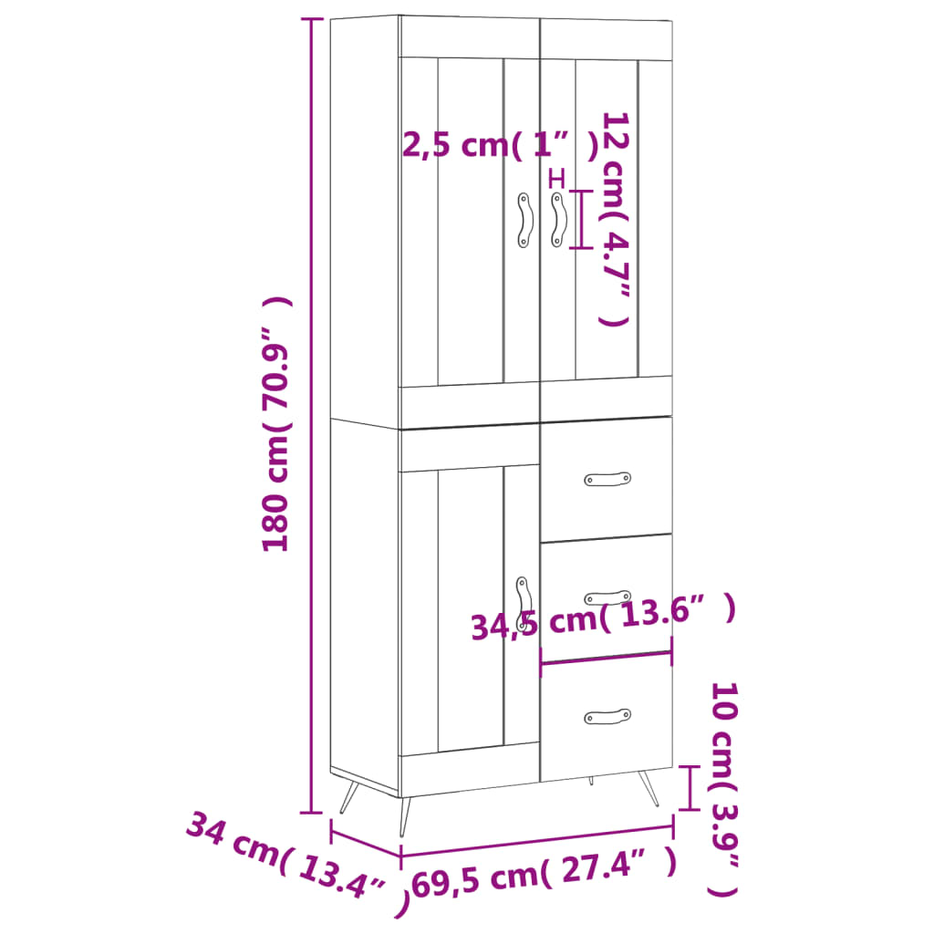 Visoka komoda siva betona 69,5x34x180 cm od konstruiranog drva