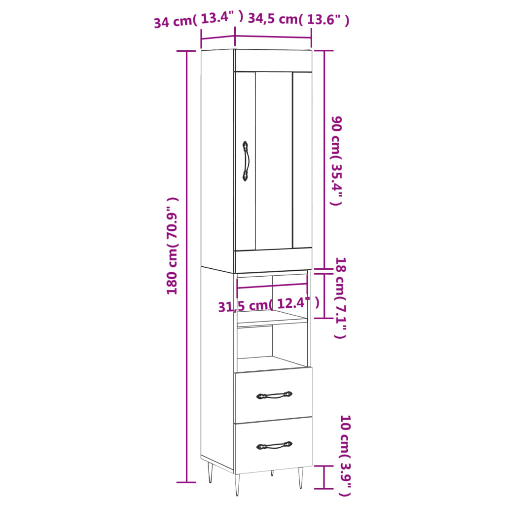 Visoka komoda siva betona 34,5x34x180 cm od konstruiranog drva