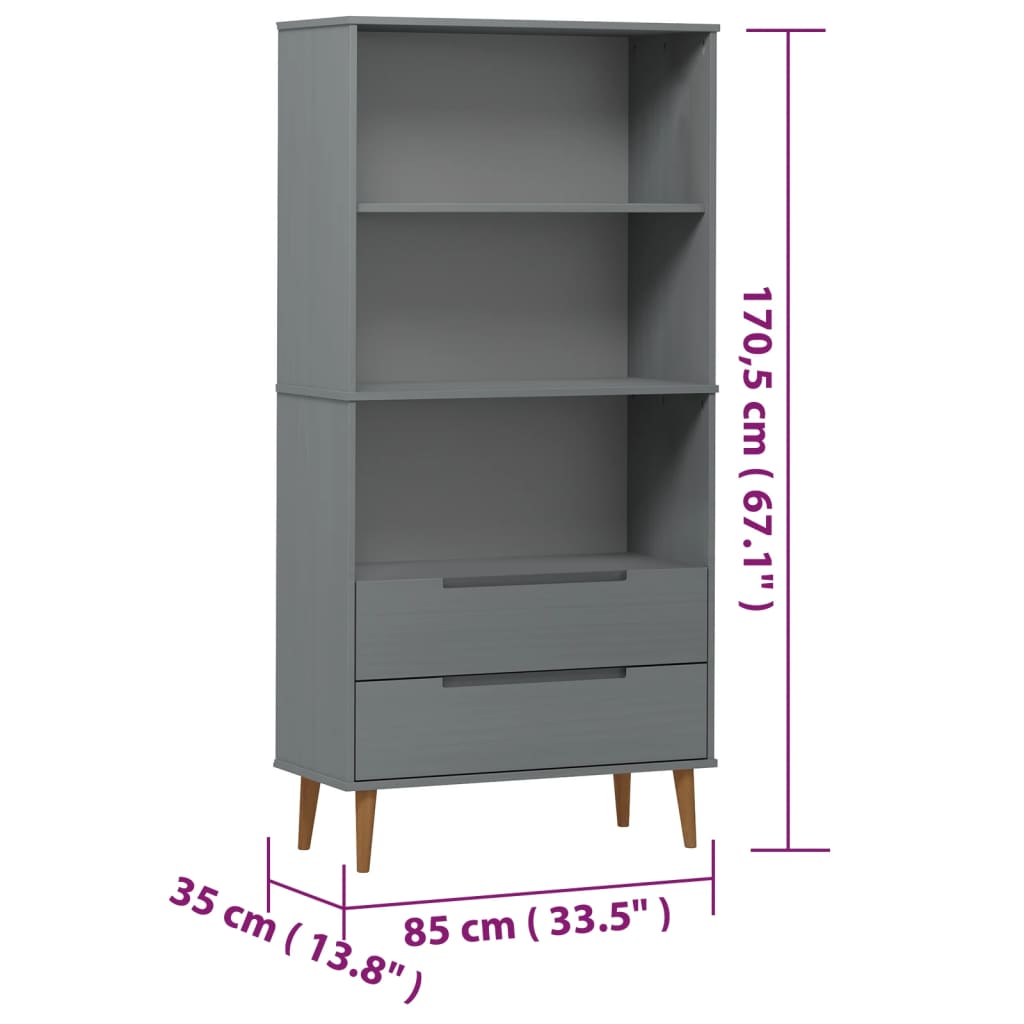 Regal za knjige MOLDE sivi 85x35x170,5 cm od masivne borovine