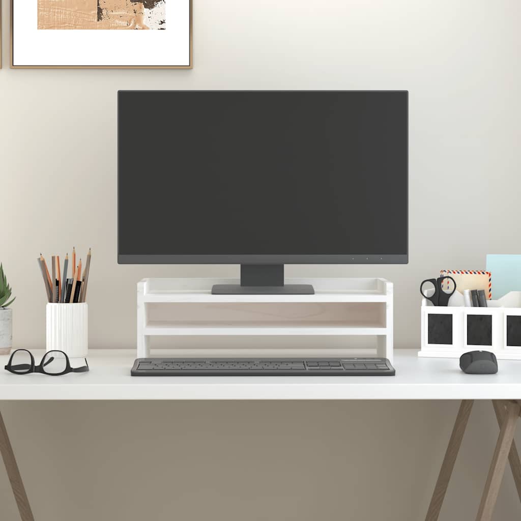 Stalak za monitor bijeli 50 x 24 x 16 cm od masivne borovine
