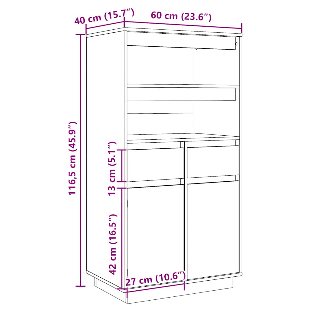 Visoka komoda crna 60 x 40 x 116,5 cm od masivne borovine