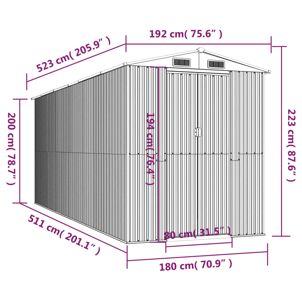 Vrtno spremište antracit 192 x 523 x 223 cm pocinčani čelik
