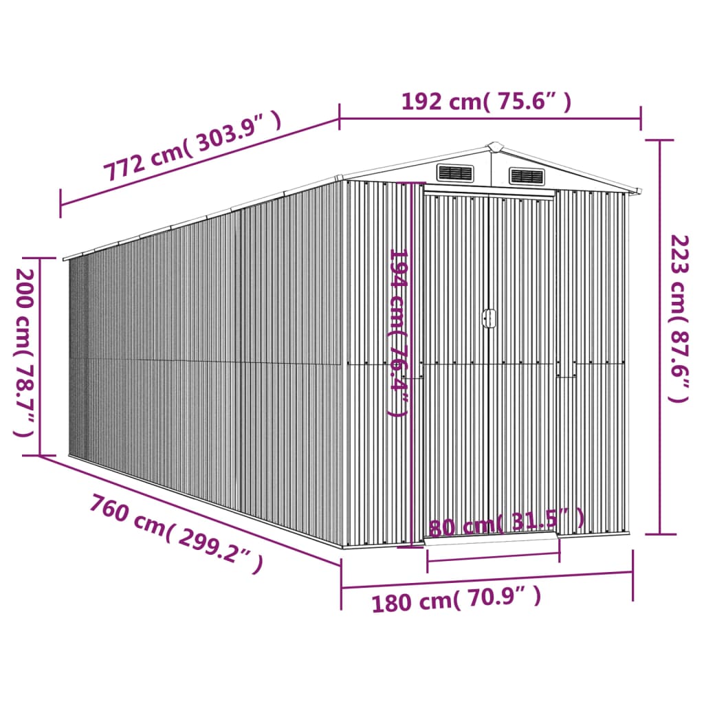 Vrtno spremište antracit 192x772x223 cm pocinčani čelik