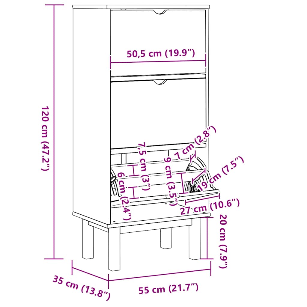 Ormarić za cipele OTTA s 3 ladice smeđesivi od masivne borovine