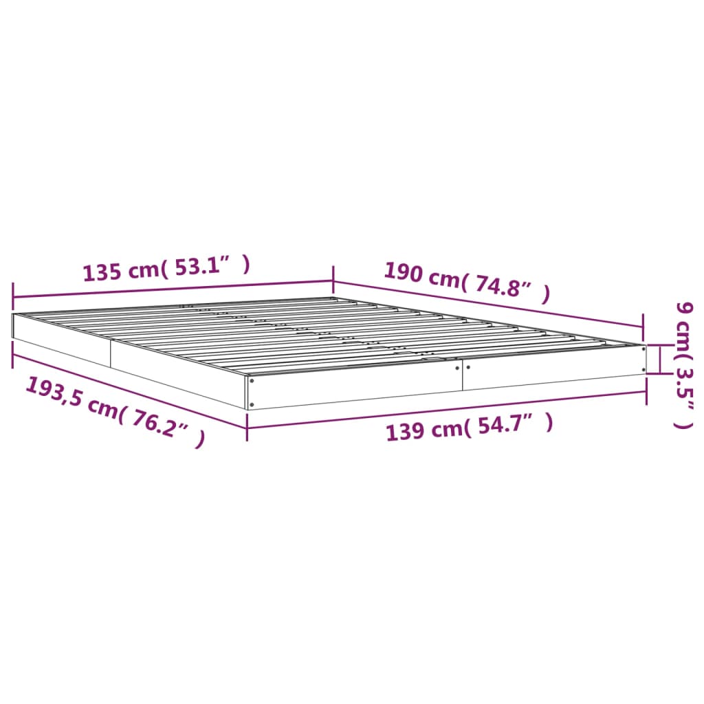 Okvir za krevet bijeli 135 x 190 cm bračni od masivne borovine