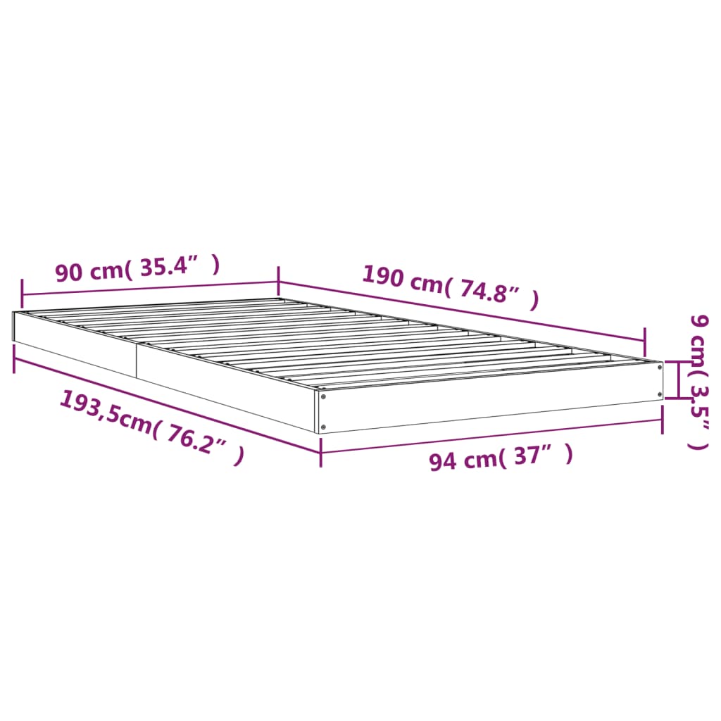 Okvir kreveta za jednu osobu 90 x 190 cm od masivne borovine