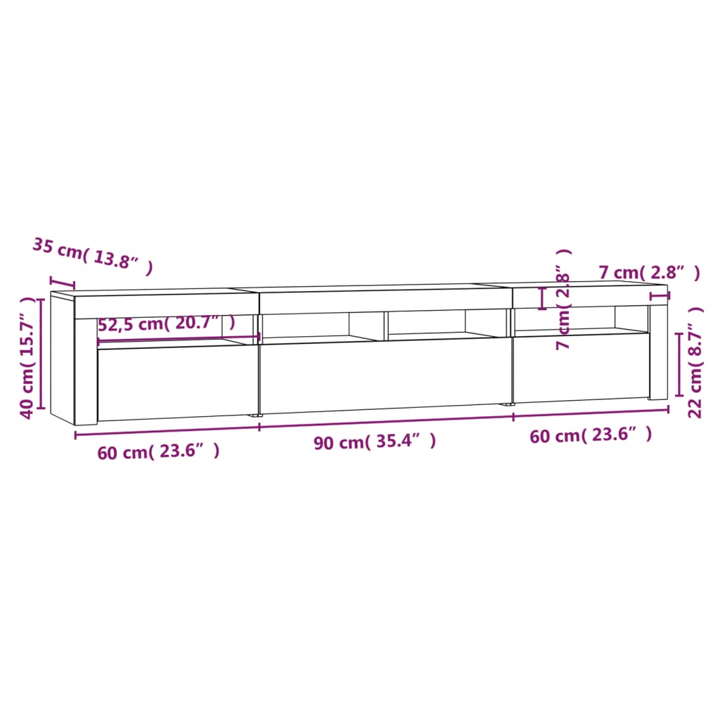 TV ormarić s LED svjetlima boja dimljenog hrasta 210x35x40 cm