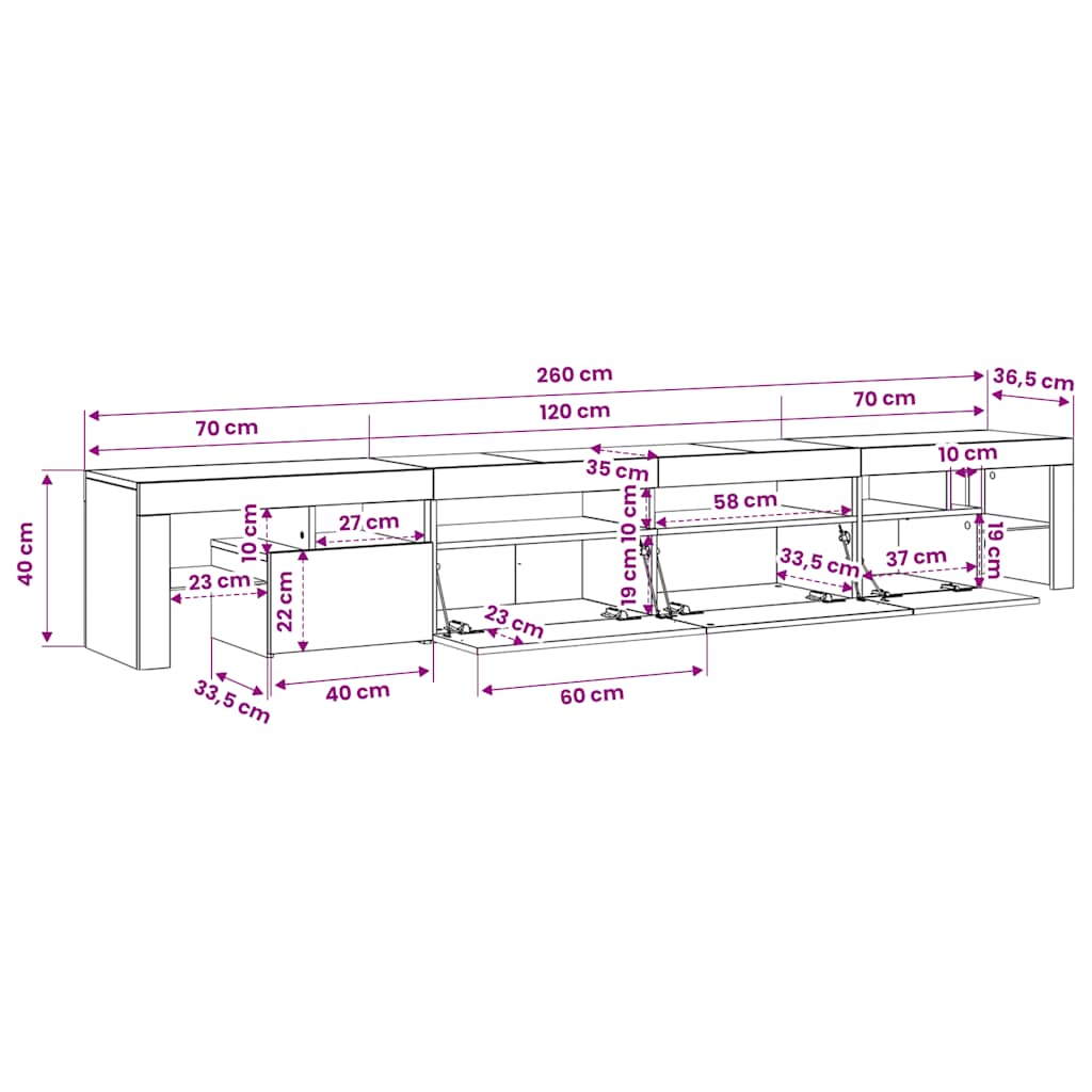 TV ormarić s LED svjetlima siva boja betona 260x36,5x40 cm