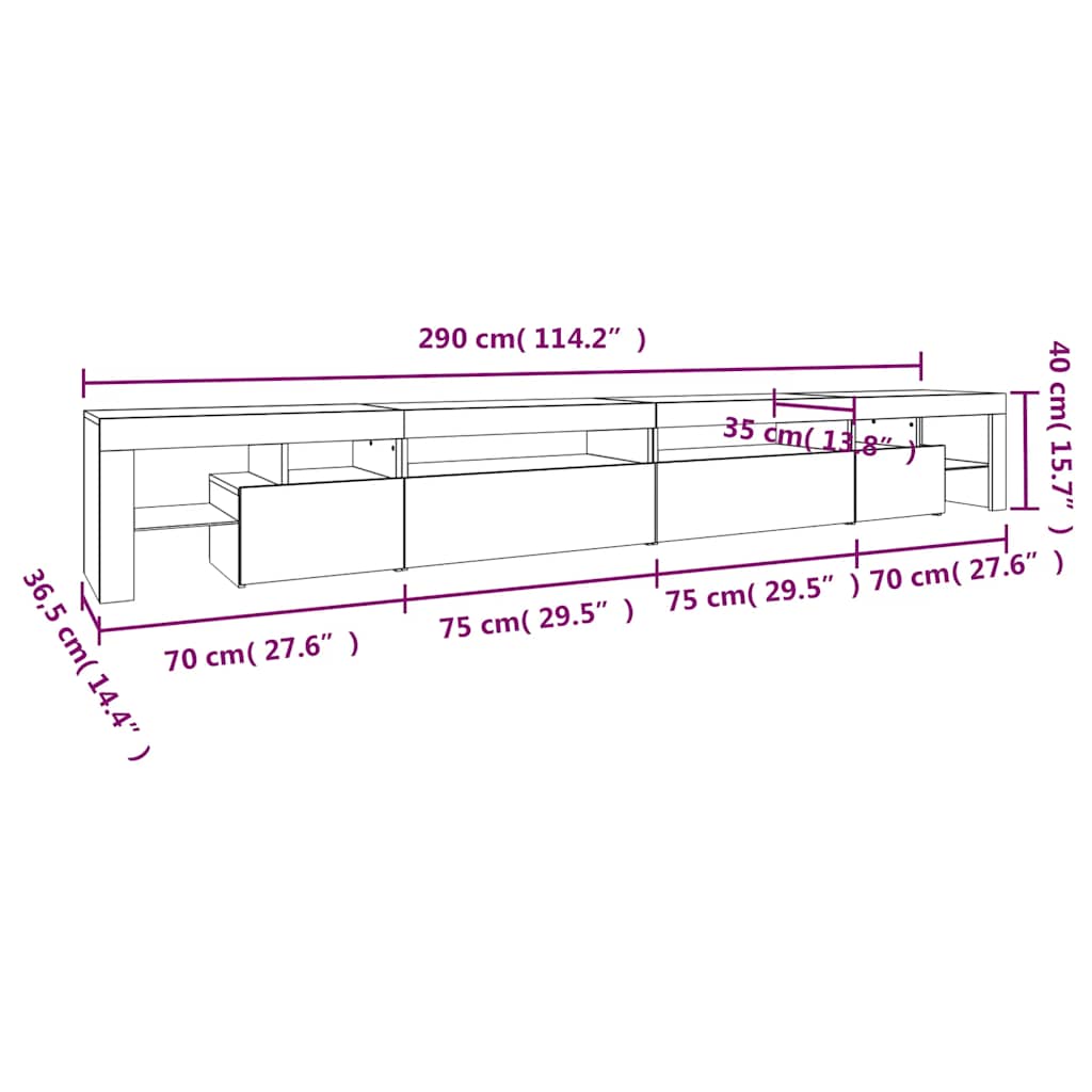 TV ormarić s LED svjetlima bijeli 290x36,5x40 cm
