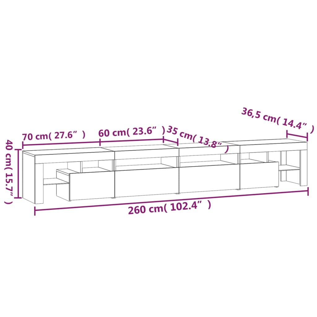 TV ormarić s LED svjetlima bijeli 260 x 36,5 x 40 cm