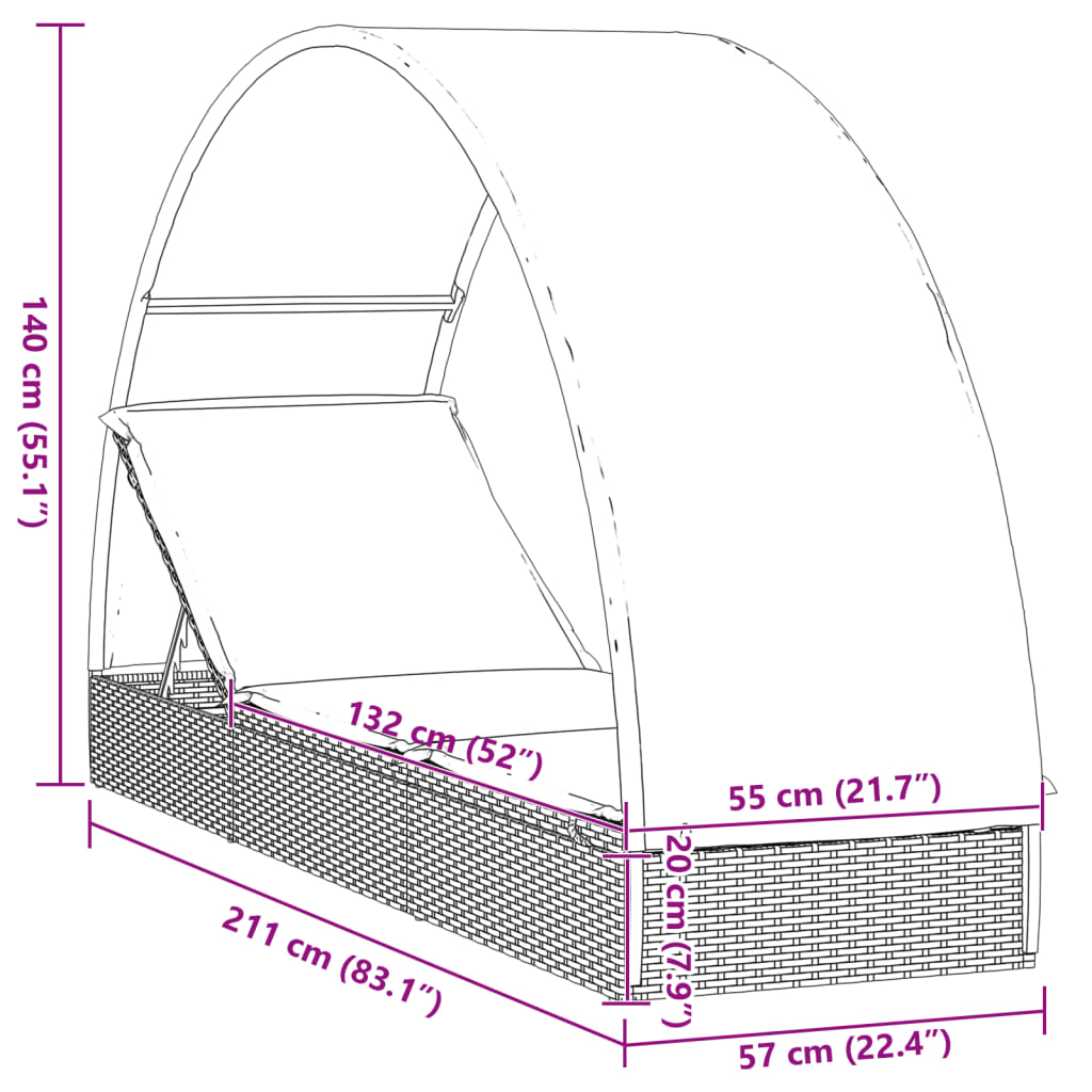Ležaj za sunčanje s krovom sivi 211 x 57 x 140 cm poliratan