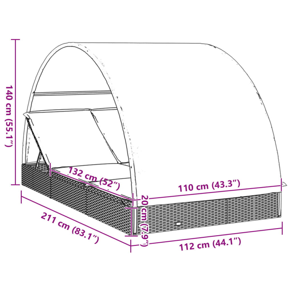 Ležaj za sunčanje za 2 osobe sivi 211 x 112 x 140 cm poliratan