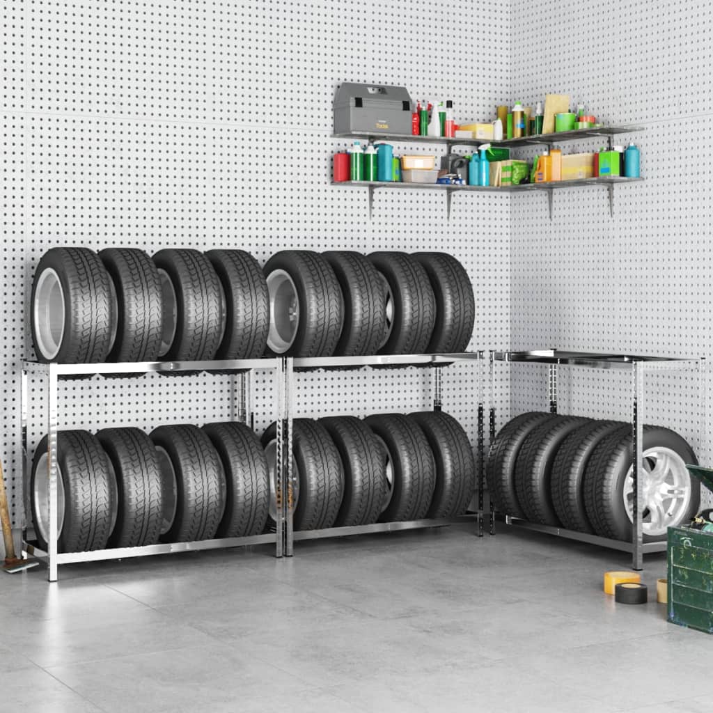 Stalci za gume s 2 razine 3 kom srebrni 110x40x110 cm čelični