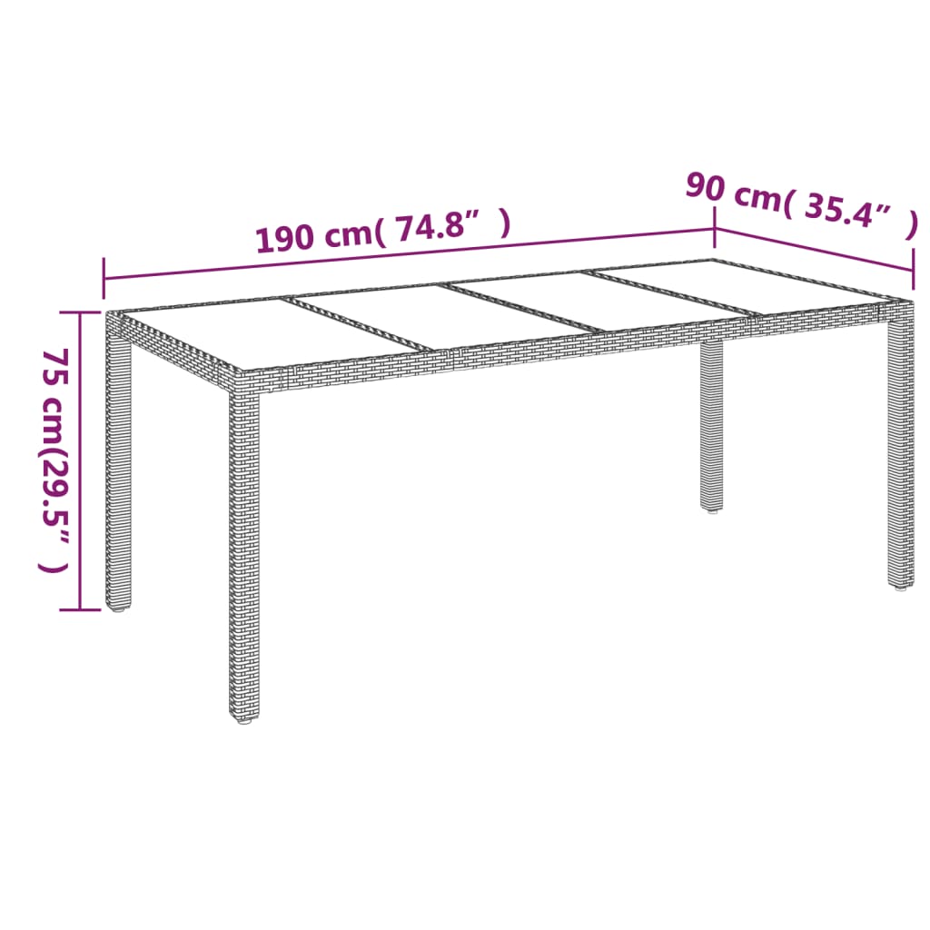 Vrtni stol sa staklenom pločom crni 190x90x75 cm od poliratana