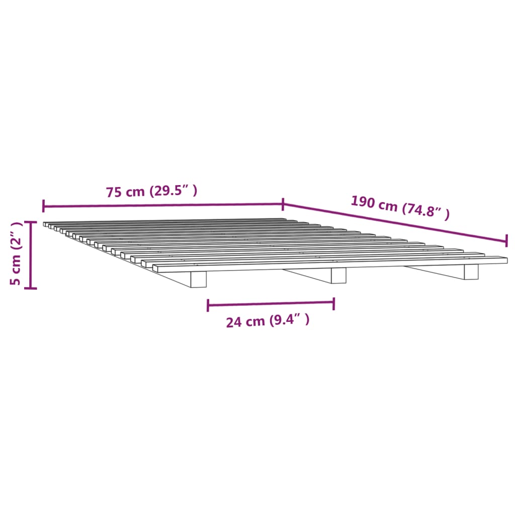 Okvir za krevet crni 75 x 190 cm od masivne borovine